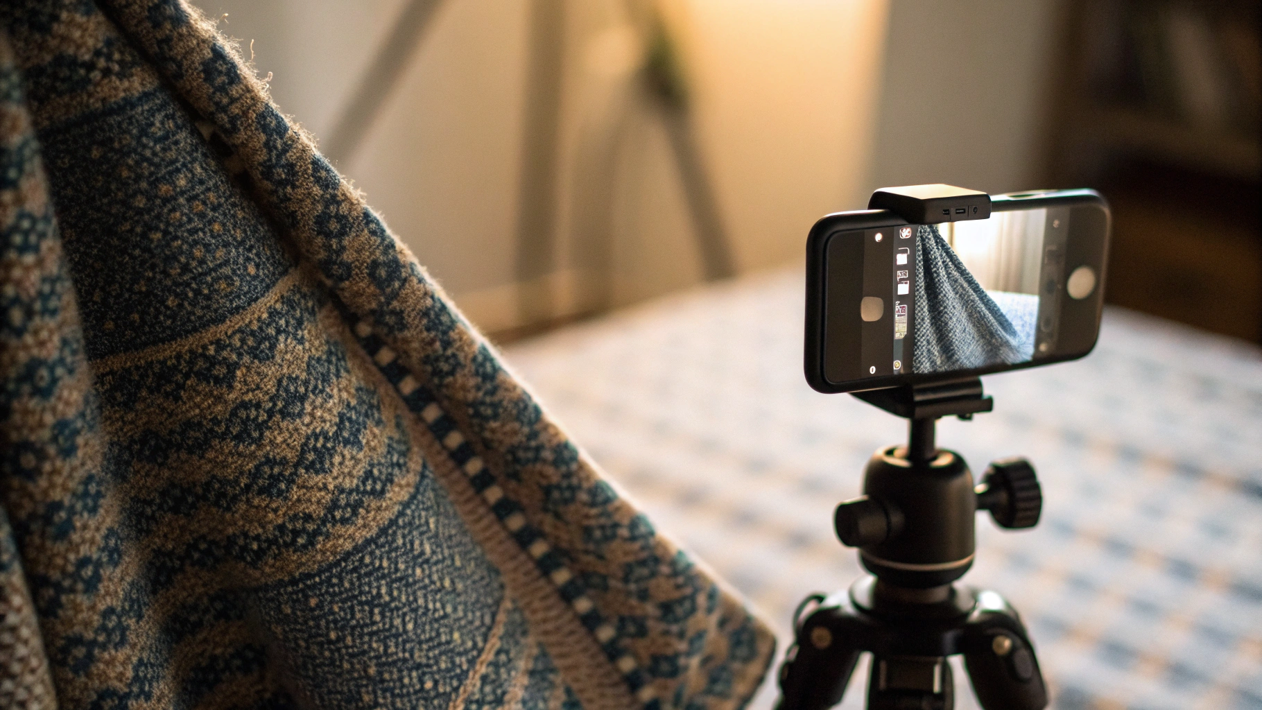 Макро-съёмка ткани на iPhone с мини-штативом и боковым мягким светом