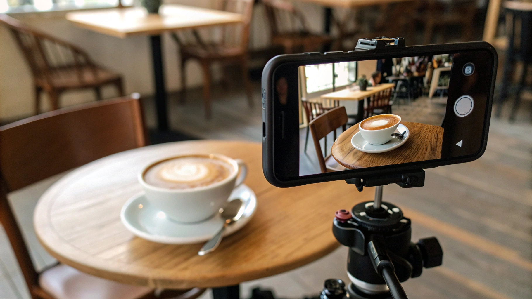 Запись видео macro на iPhone: пар над кофе, зафиксированы AE/AF и макро-значок