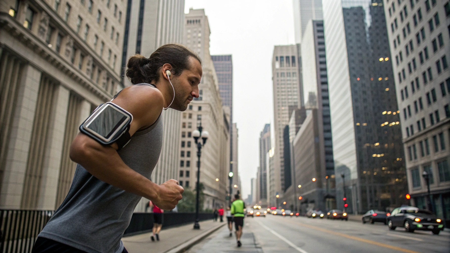 Бегун с iPhone на повязке в городском «каньоне»