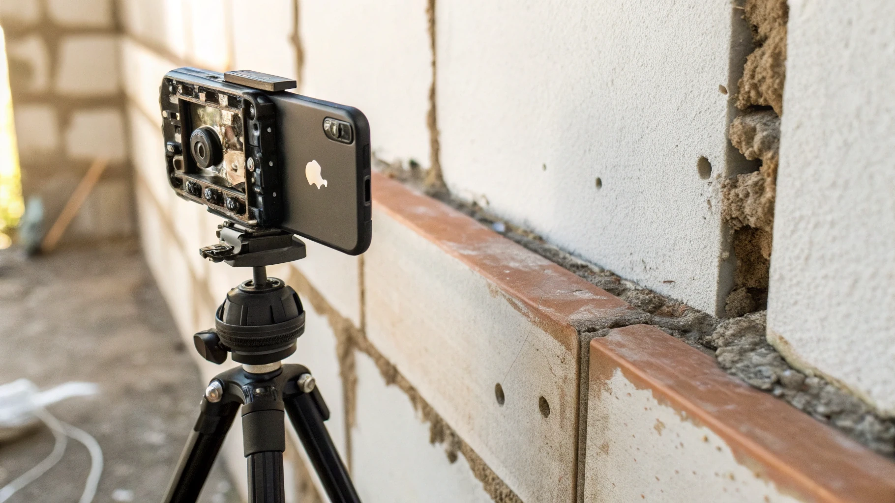 LiDAR‑сенсор iPhone крупным планом при сканировании угла стены