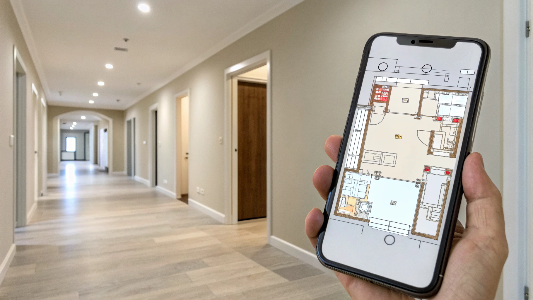 RoomPlan‑скан со схемой квартиры на экране iPhone