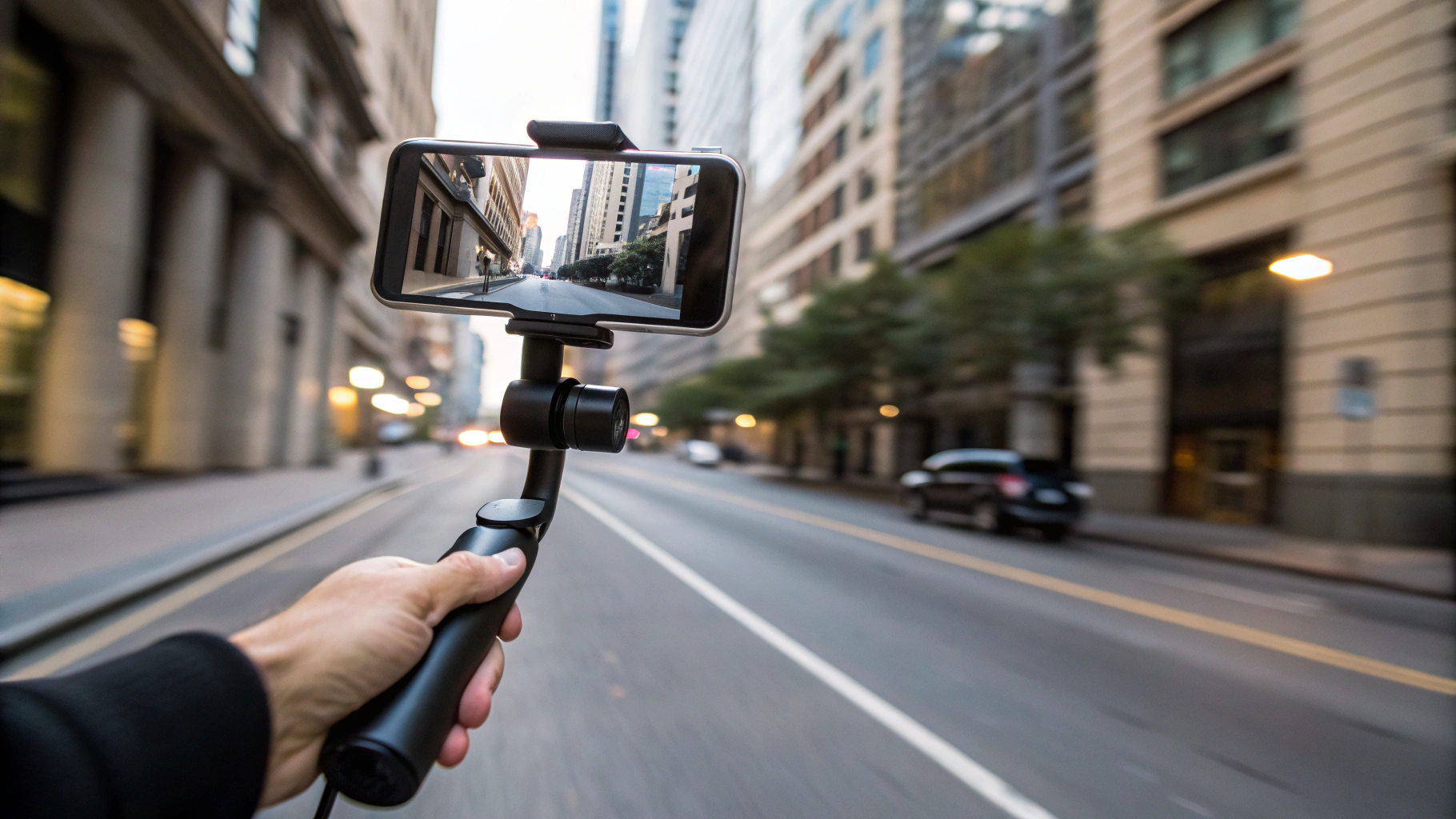 Ручной гиперлапс с Action Mode и прижатыми локтями на городской улице