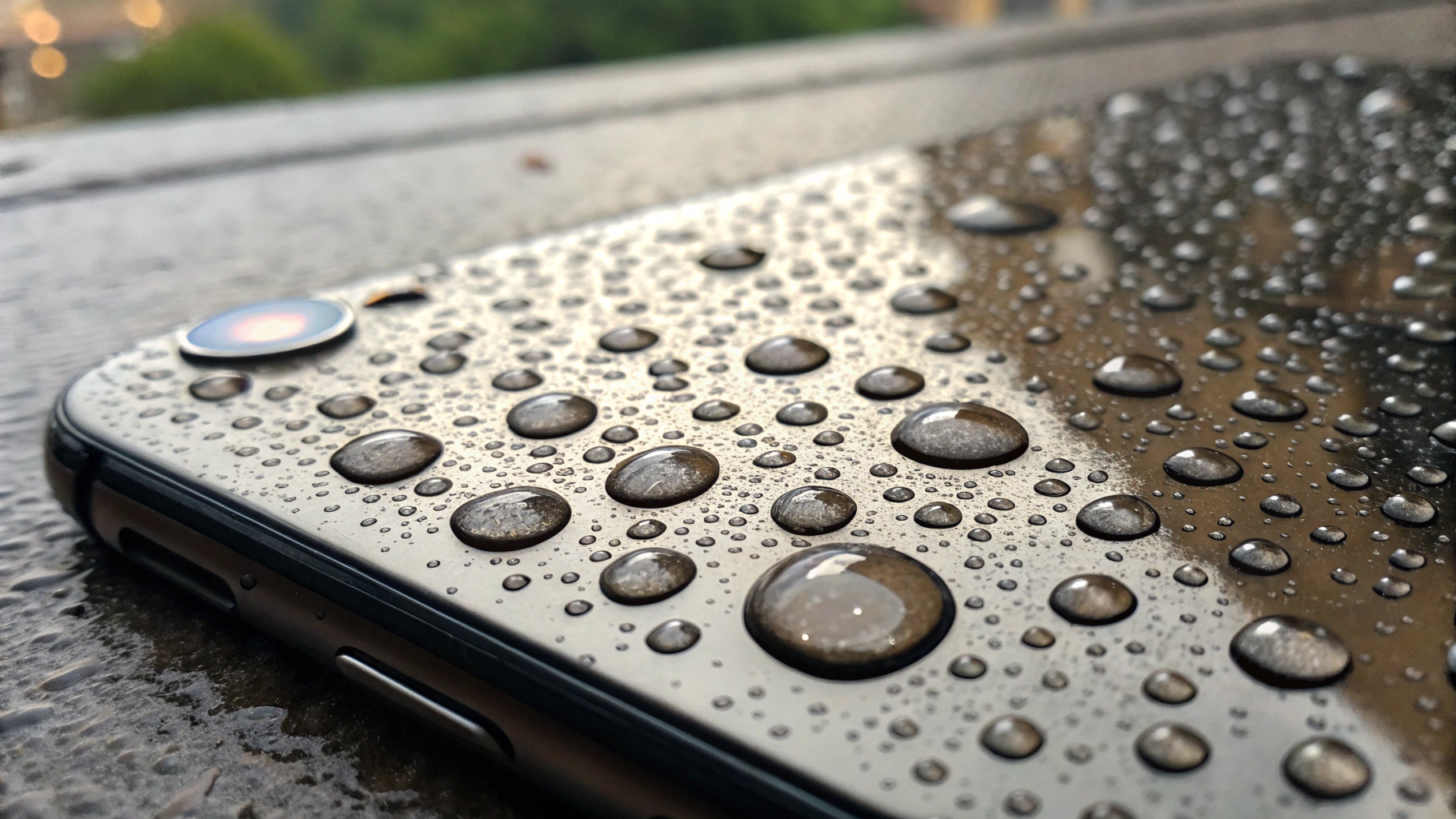 Крупные капли воды на стекле блока камер iPhone во время дождя