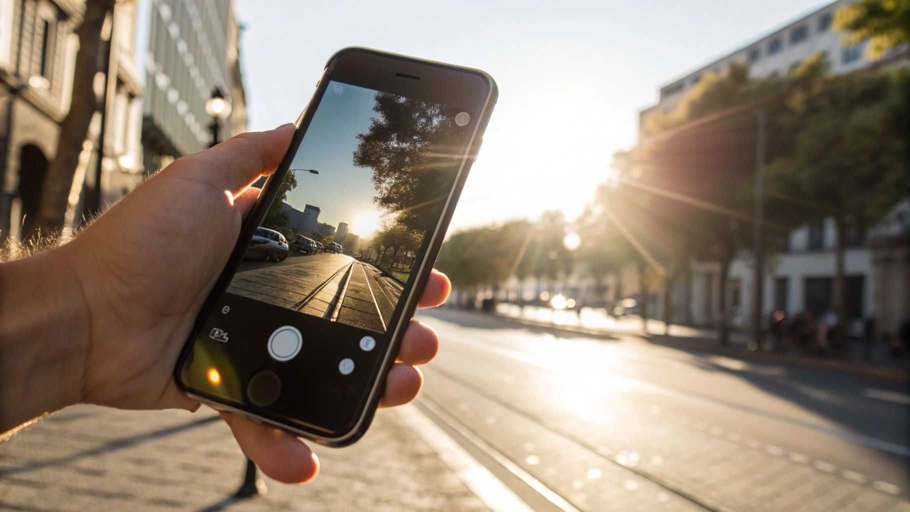 Экран iPhone с блокировкой AE/AF и ползунком экспозиции в контрастной сцене