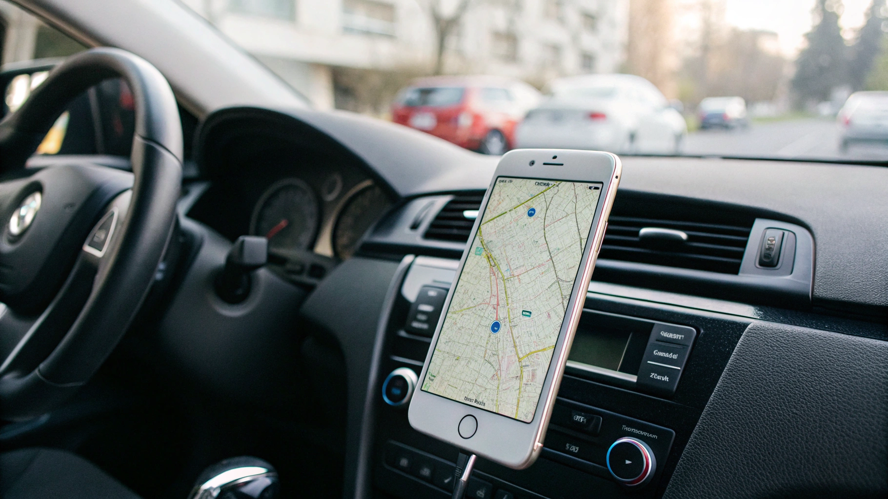 Офлайн‑область Google Maps на iPhone в держателе в автомобиле