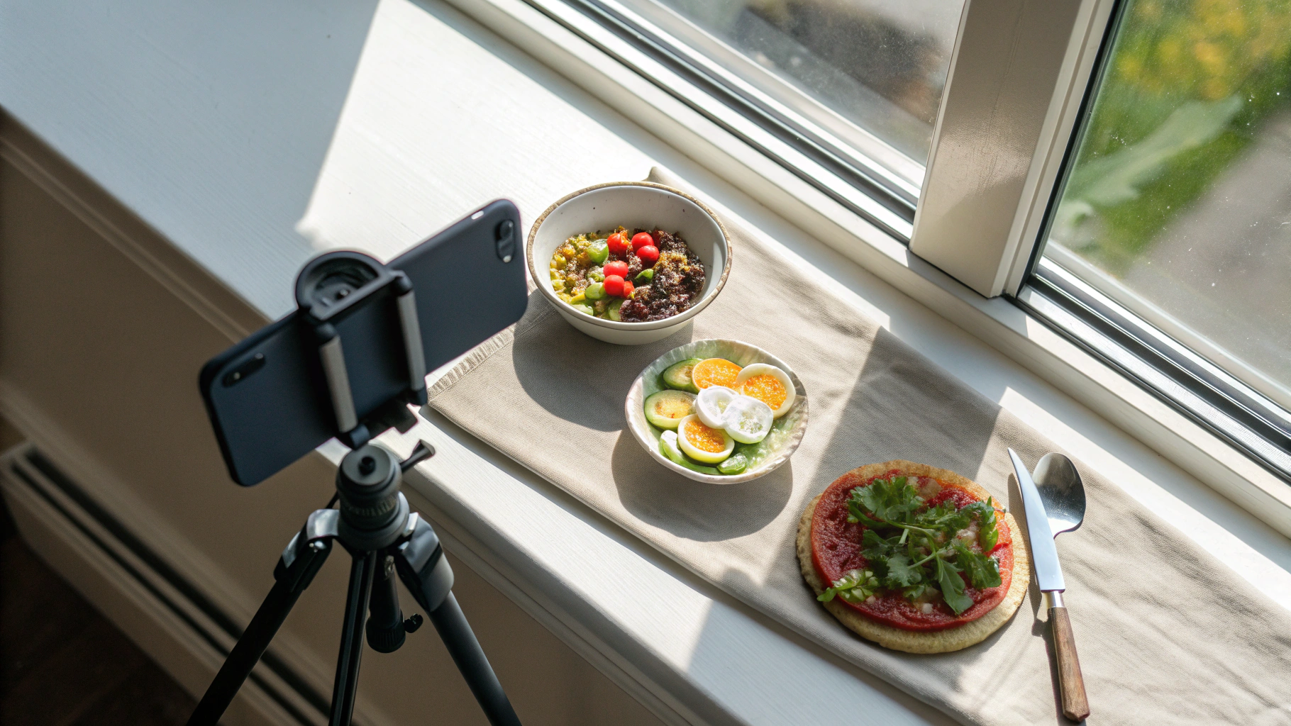 Топ-даун раскладка еды у окна: отражатель, штатив и чистый фон