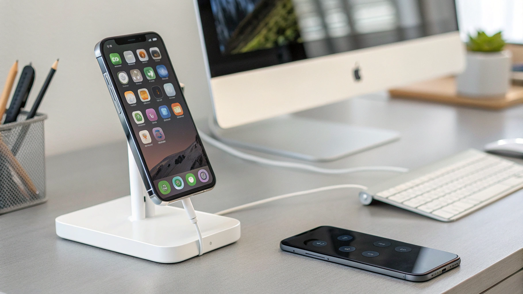 Горизонтальный стенд MagSafe/Qi2 на столе с iPhone и панелью виджетов StandBy