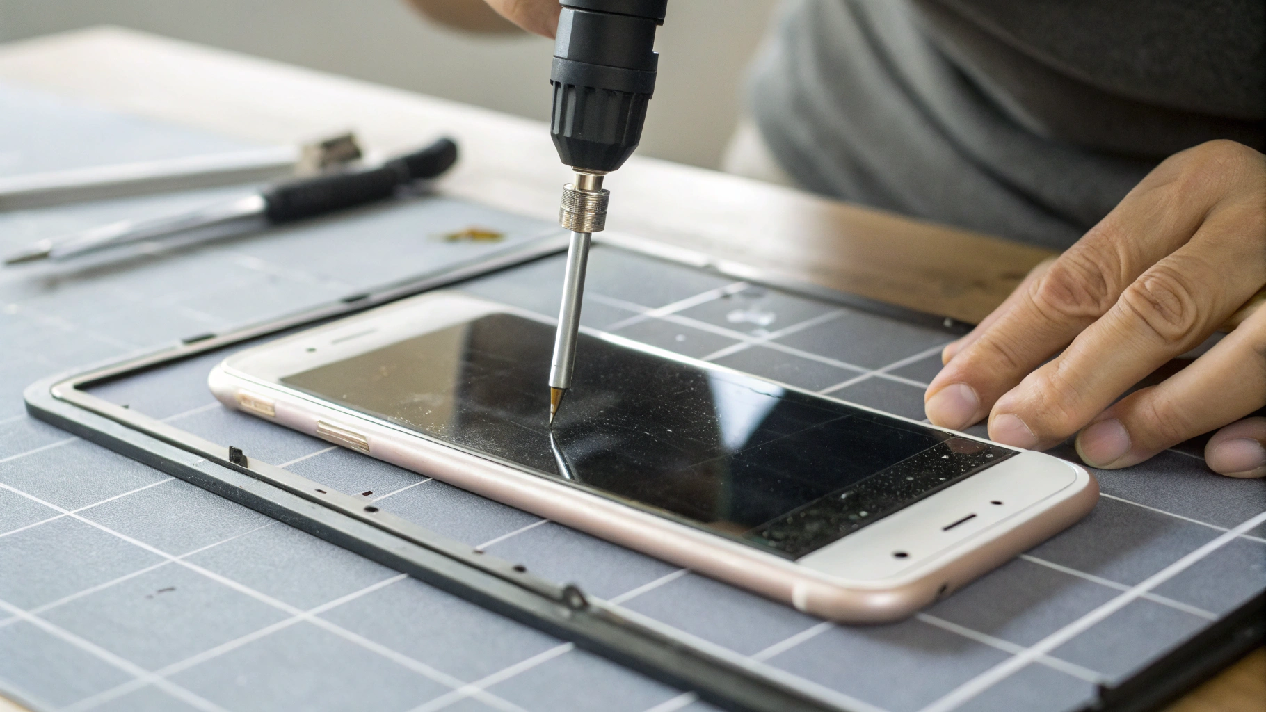 Наклейка защитного стекла на iPhone 17 с рамкой-кондуктором