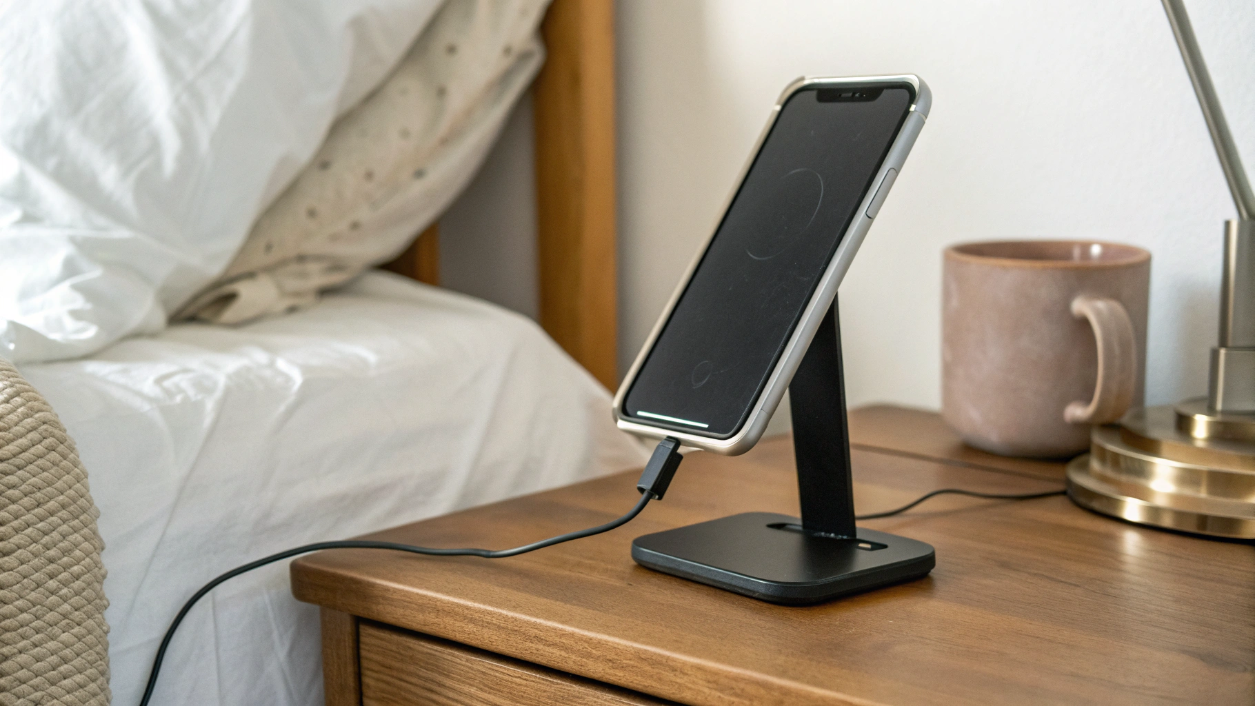 Магнитная Qi2-подставка с iPhone 17 на тумбочке