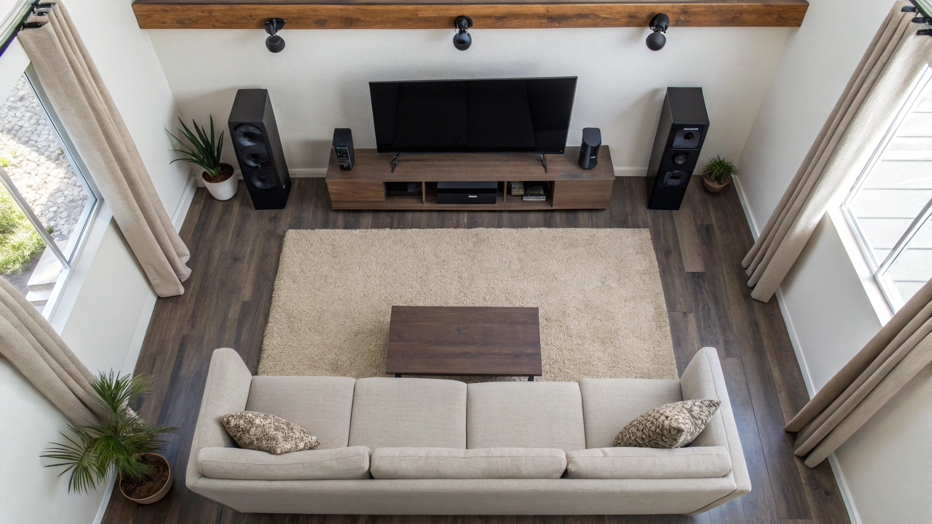 Размещение саундбара и сабвуфера в комнате 18–25 м² для Dolby Atmos