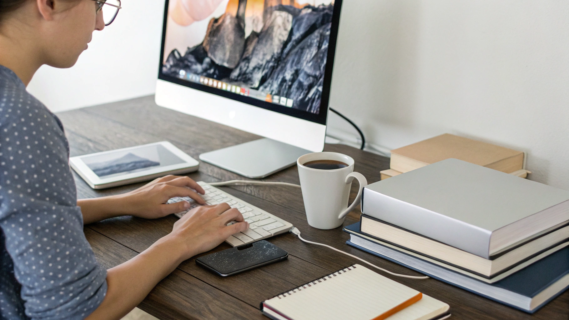 Учебное рабочее место с MacBook, внешним монитором и USB‑C хабом