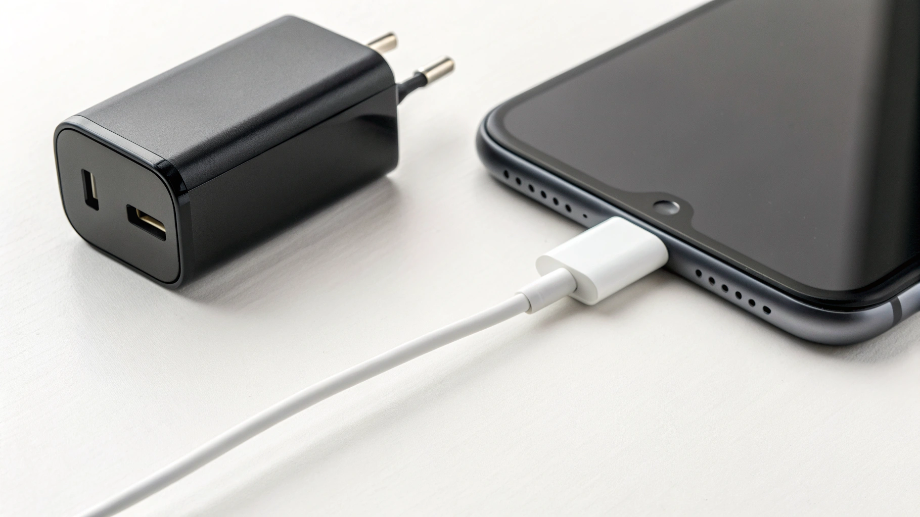 Зарядный блок 25 Вт PD/PPS и кабель USB‑C рядом со смартфоном