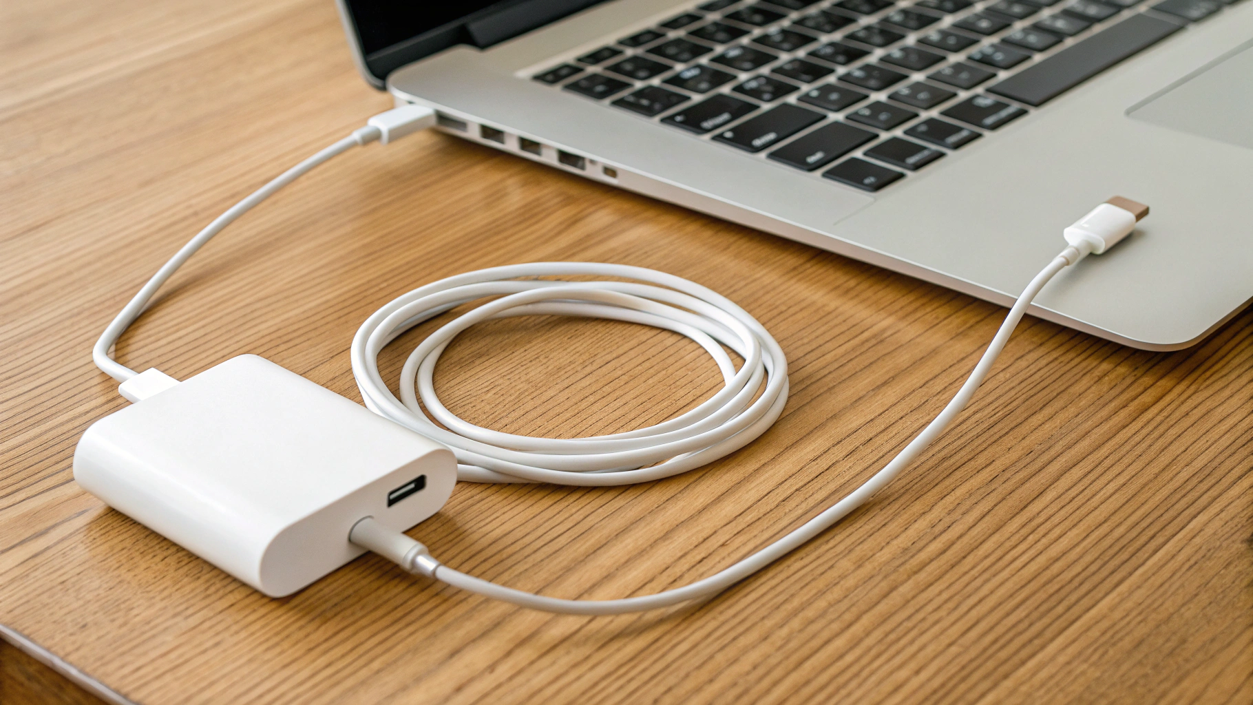 Зарядное устройство USB‑C и кабель рядом с MacBook на столе