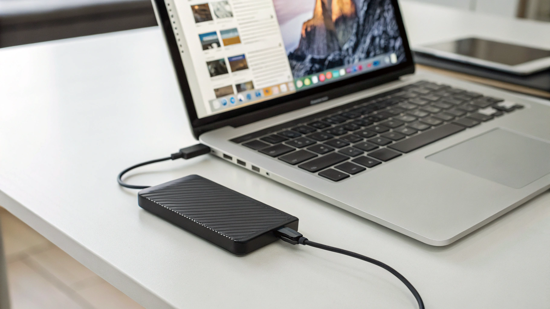 Внешний SSD, подключенный к MacBook по USB‑C, рядом папки проектов