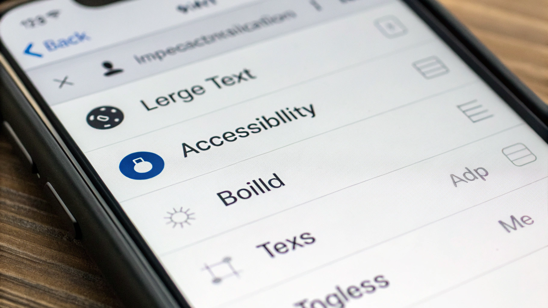 Крупный план экрана iPhone с настройками Крупный текст и Жирный текст