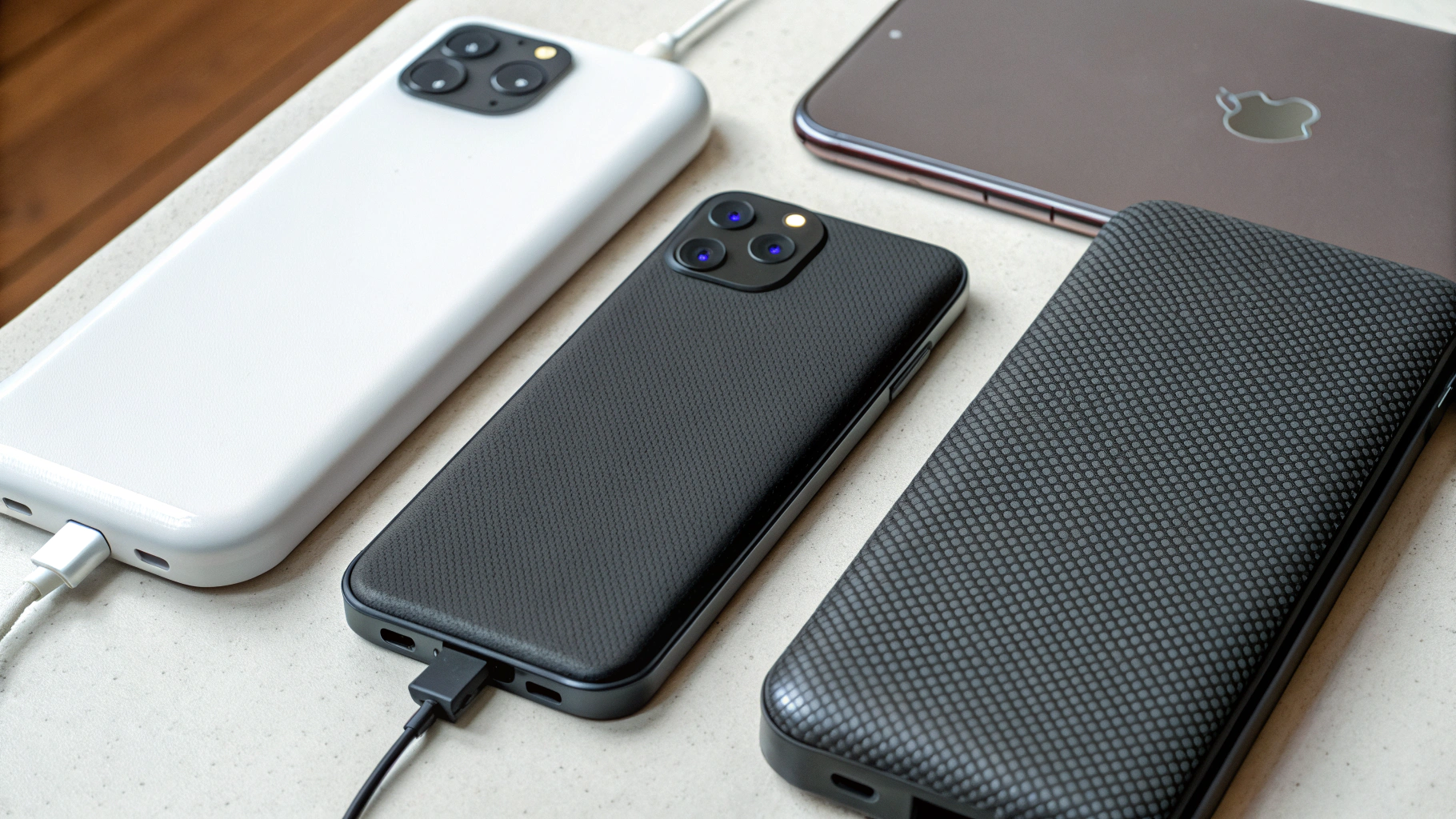 Сравнение размеров магнитных пауэрбанков Qi2: 5 000, 10 000 и 20 000 мА·ч рядом с iPhone