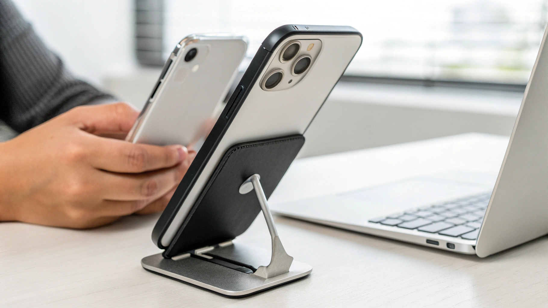 Тонкая Qi2‑банка с металлической подставкой на iPhone в горизонтальной ориентации