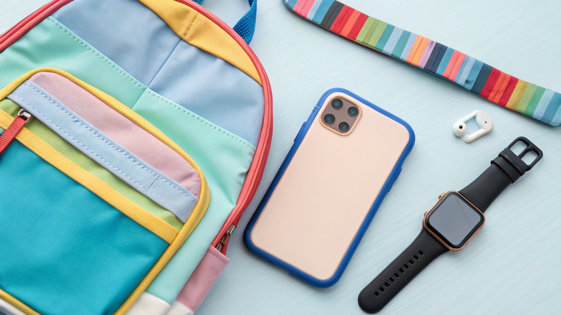 Детский рюкзак, смартфон с чехлом и ремешок от часов