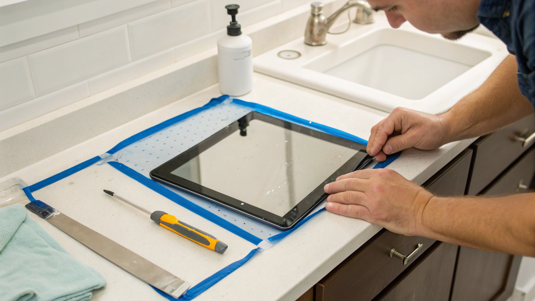 Пошаговая установка защитного стекла на iPad хинг-методом с малярной лентой