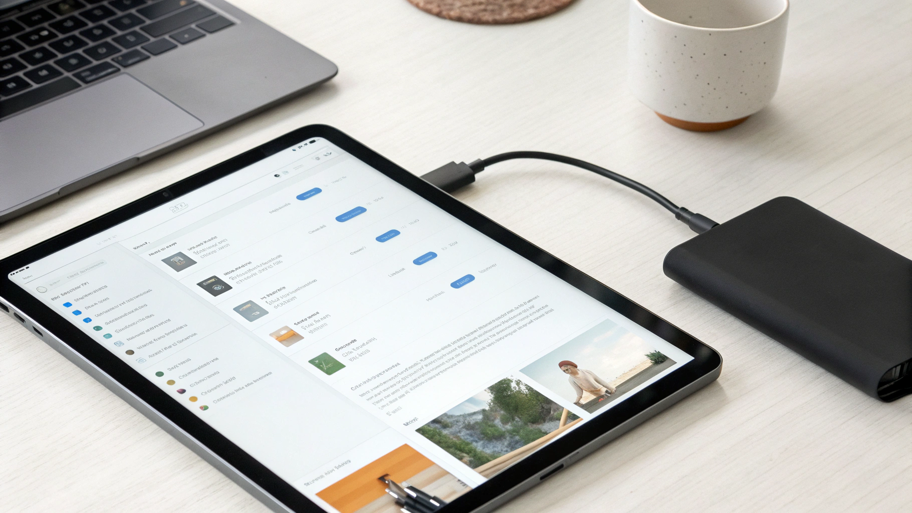 iPad с USB‑C хабом и внешним SSD, копирование файлов в «Файлы»