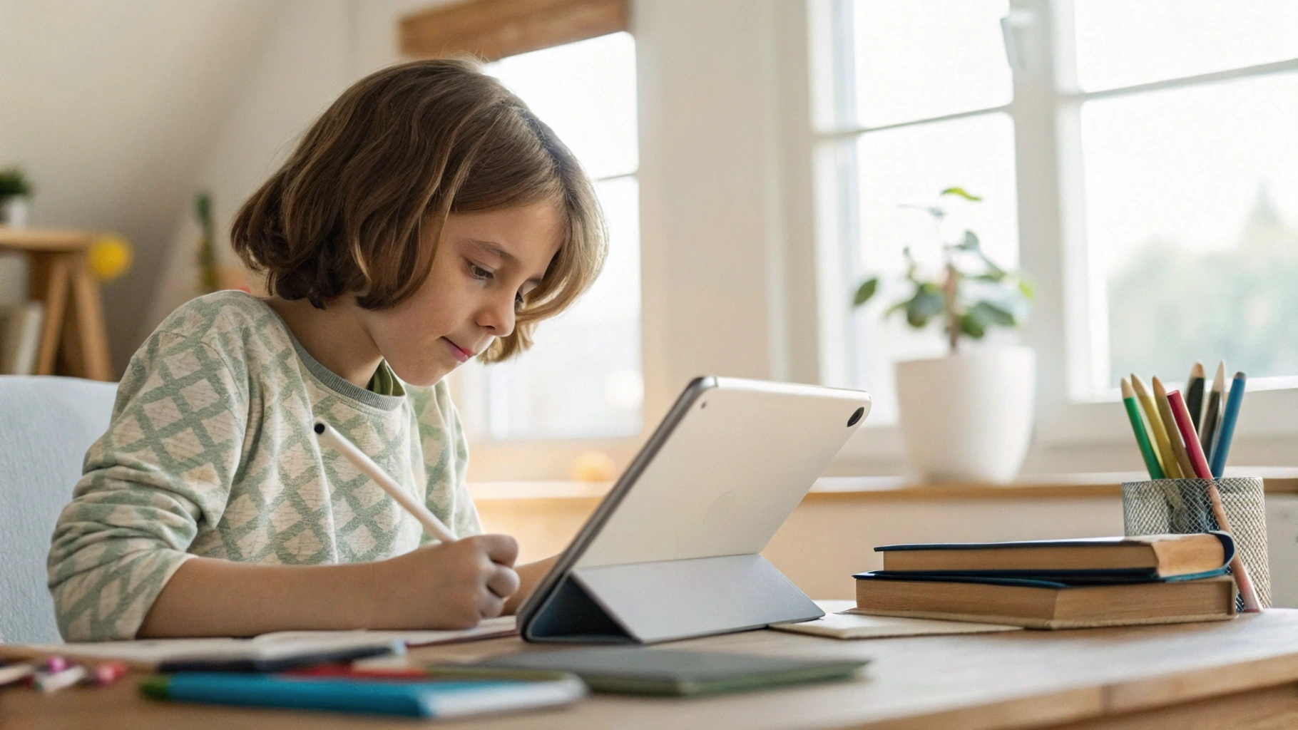 Ребёнок пишет конспект стилусом на iPad за учебным столом
