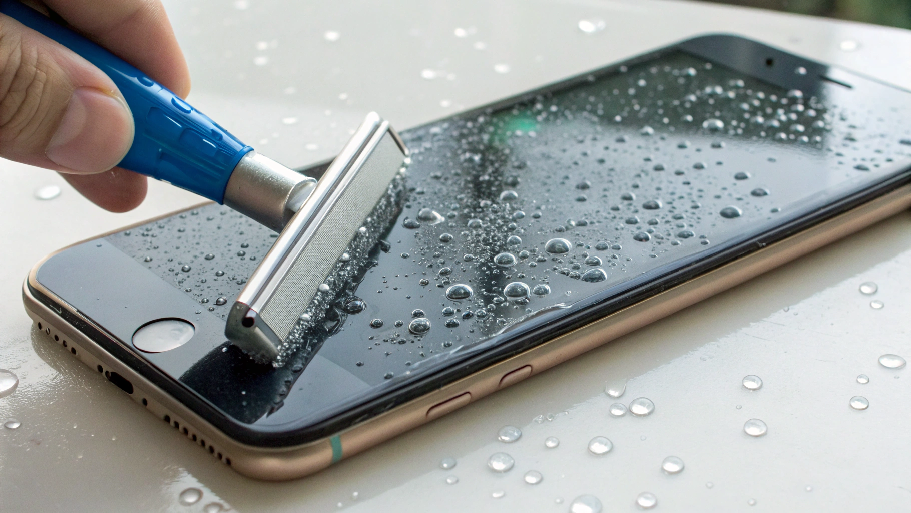 Выгон пузырей и влаги ракелем при мокрой установке плёнки на iPhone