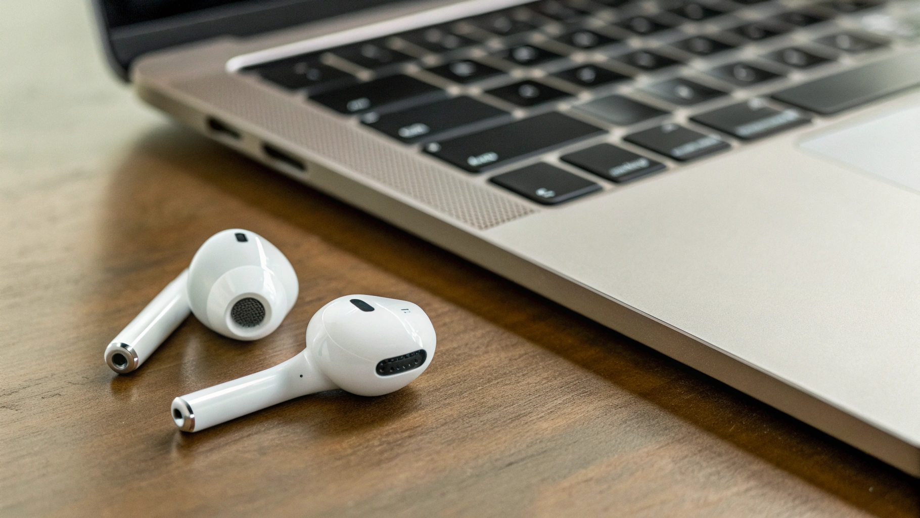 Микрофонные отверстия AirPods Pro 2 рядом с Mac — акцент на качестве речи