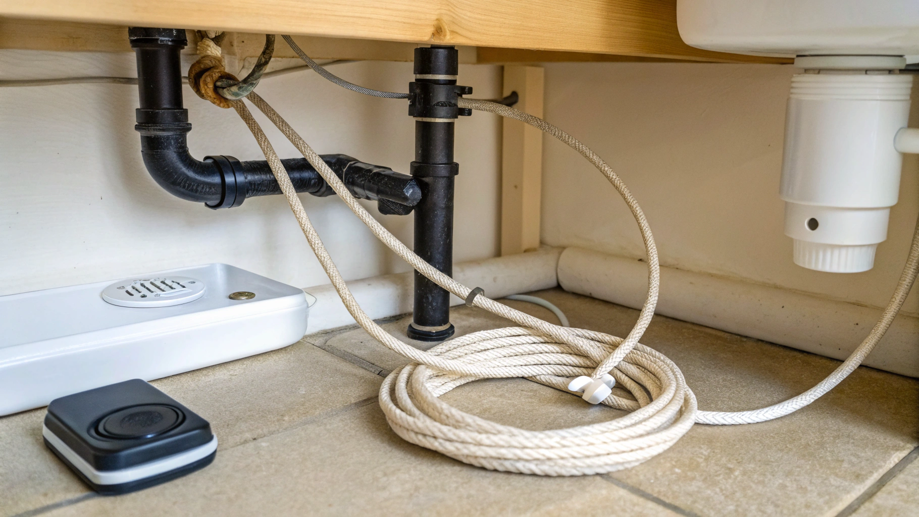 Кабельный датчик протечки под мойкой и модуль сирены