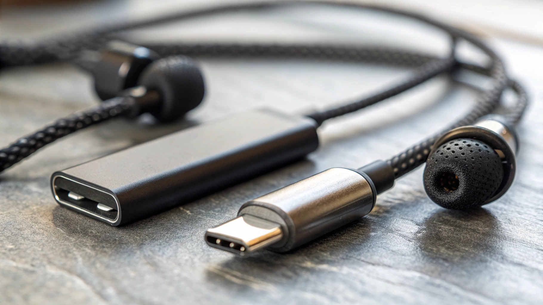 Макро донгла USB‑C с разъёмом 3,5 мм рядом с внутриканальными наушниками