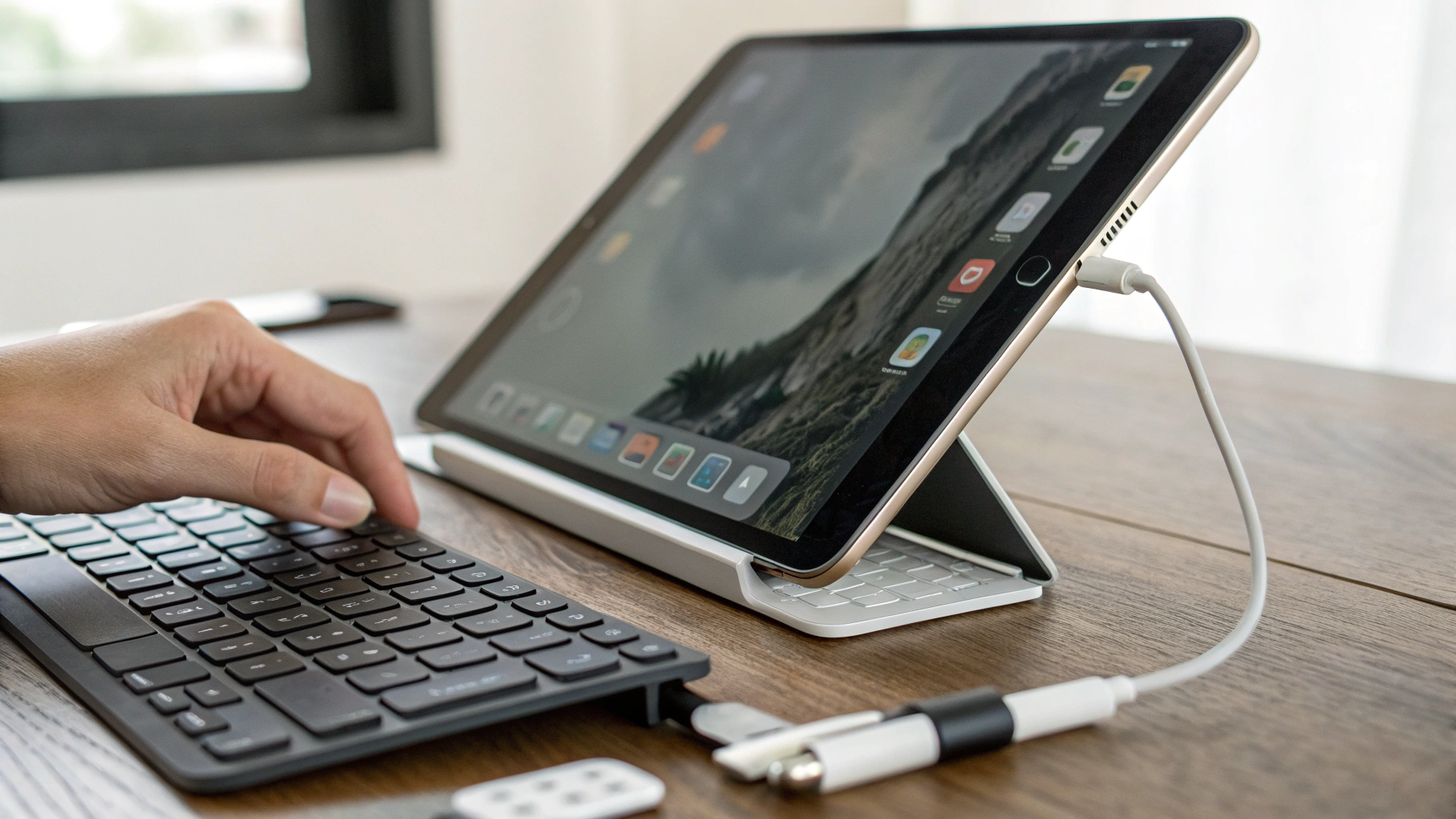 iPad на подставке с компактной Bluetooth‑клавиатурой и трекпадным жестом