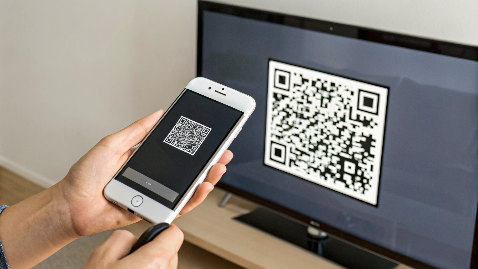 QR‑код Captive Portal на экране Apple TV, iPhone сканирует для авторизации