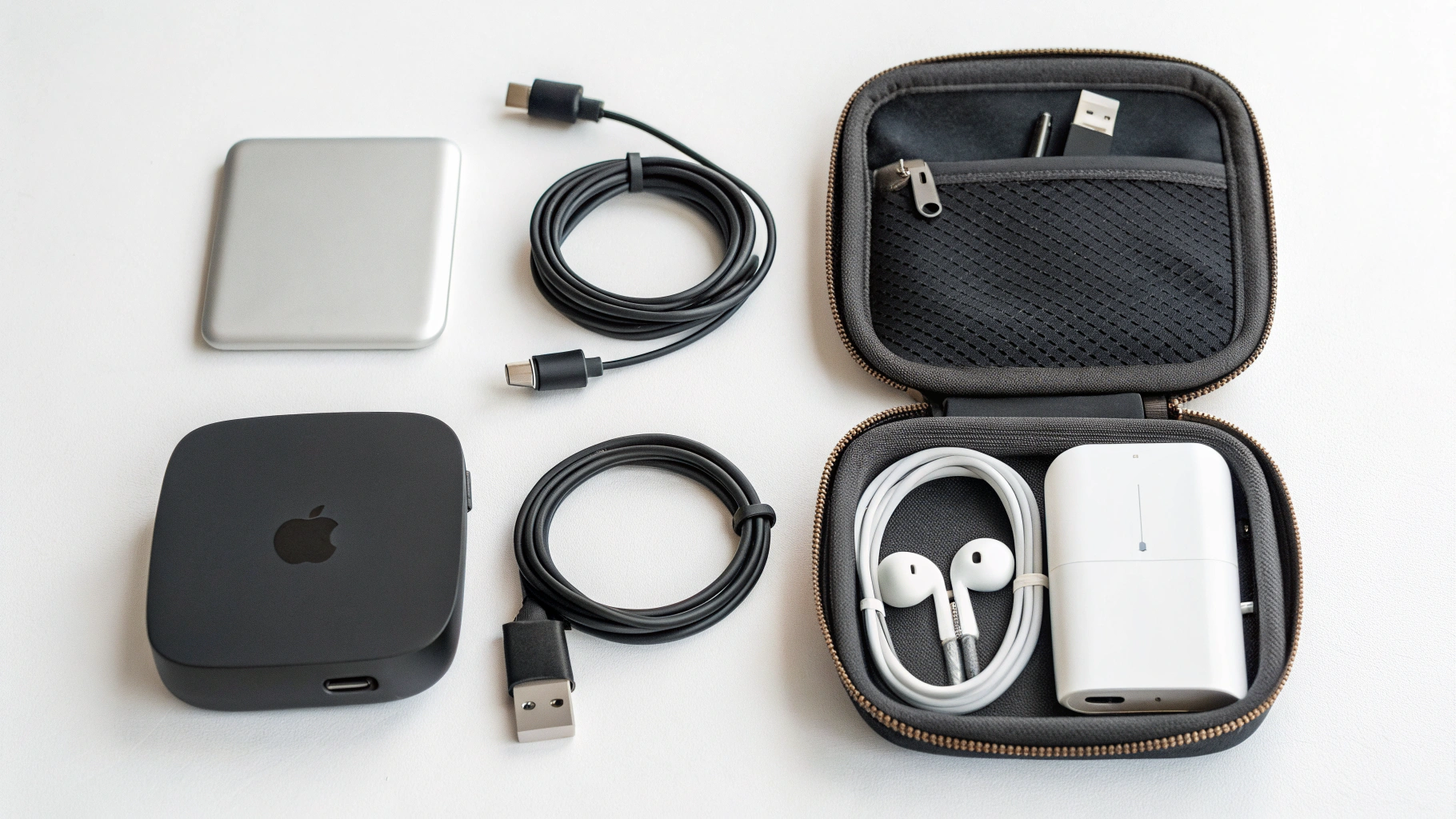 Дорожный набор: Apple TV 4K, HDMI‑кабель, переходники, кабель USB‑C, AirPods и мини‑роутер