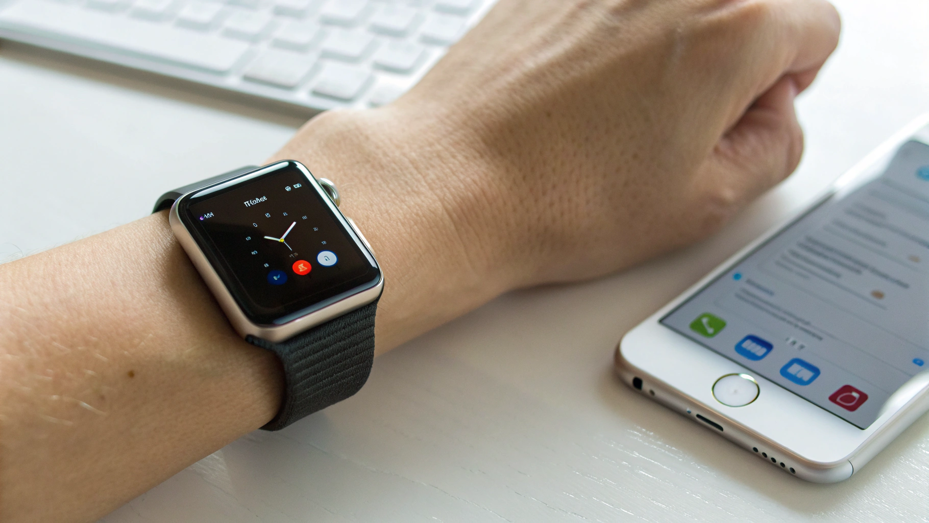 Уведомление календаря на Apple Watch, рядом iPhone с открытым приложением Watch