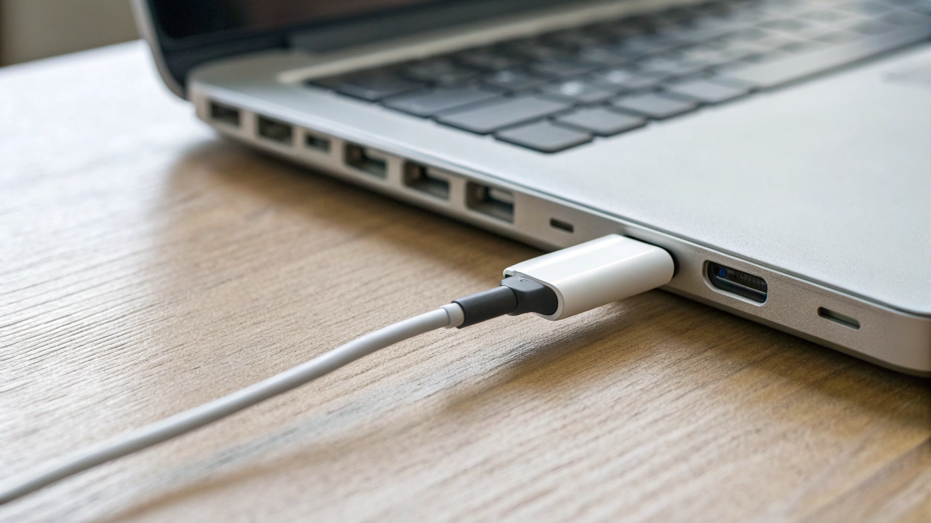 Кабель USB‑C 5A с e‑маркером между powerbank и MacBook крупным планом