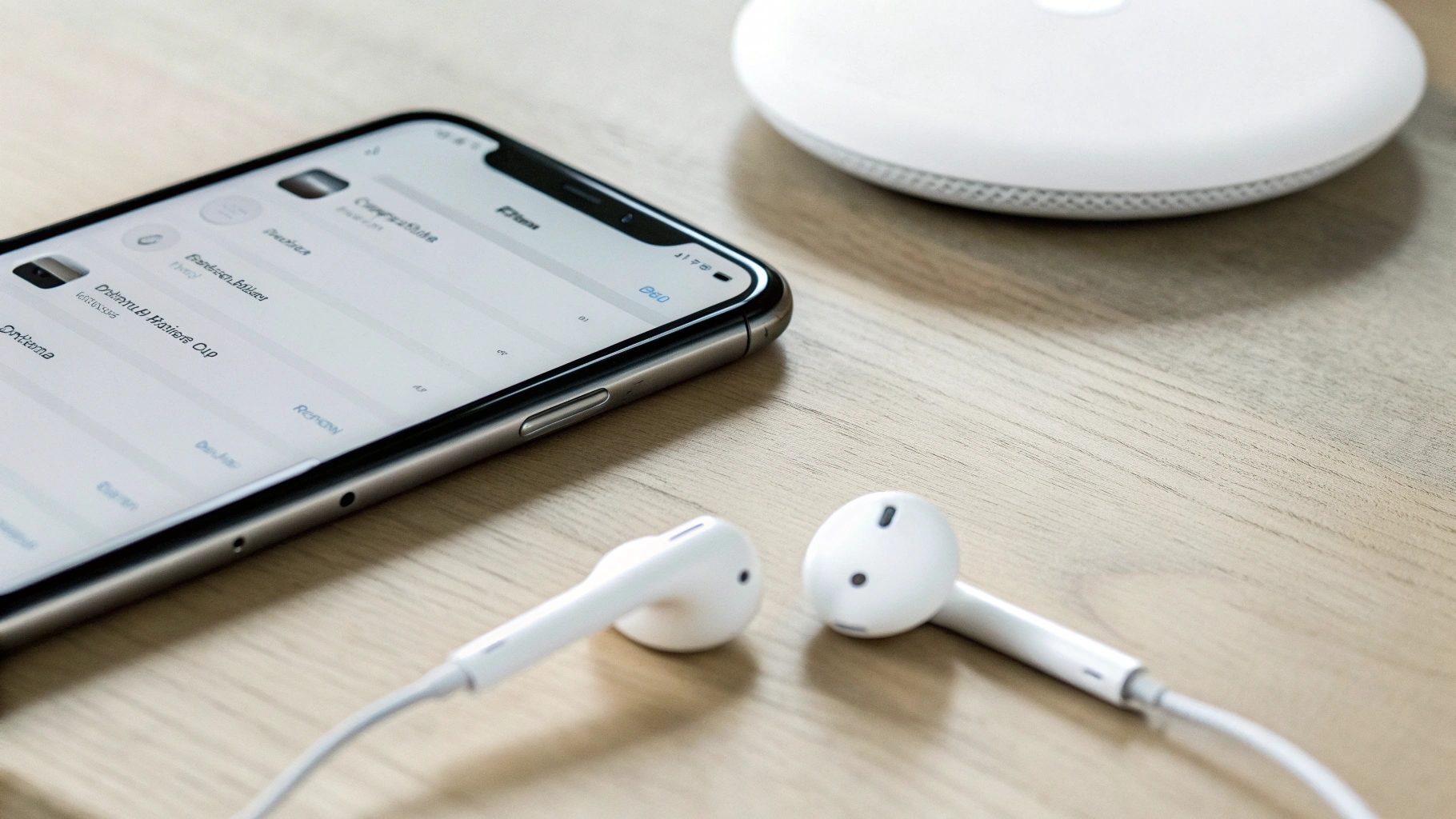 iPhone с подключёнными наушниками и беспроводной зарядкой