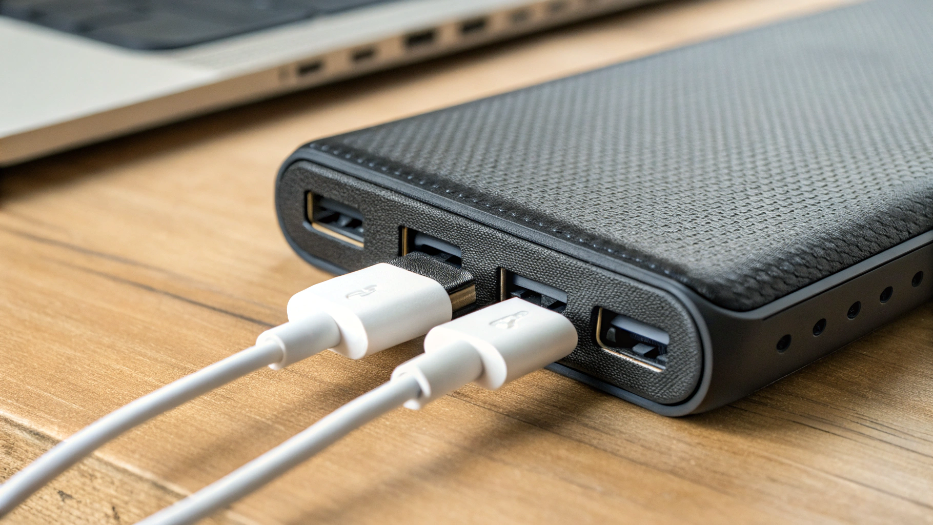 Крупный план портов USB‑C и USB‑A на пауэрбанке с индикацией PD/PPS