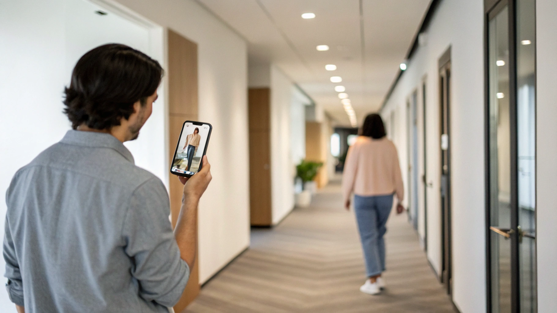 Роуминг в Mesh: пользователь идёт по коридору с iPhone и FaceTime, узлы видны в комнатах