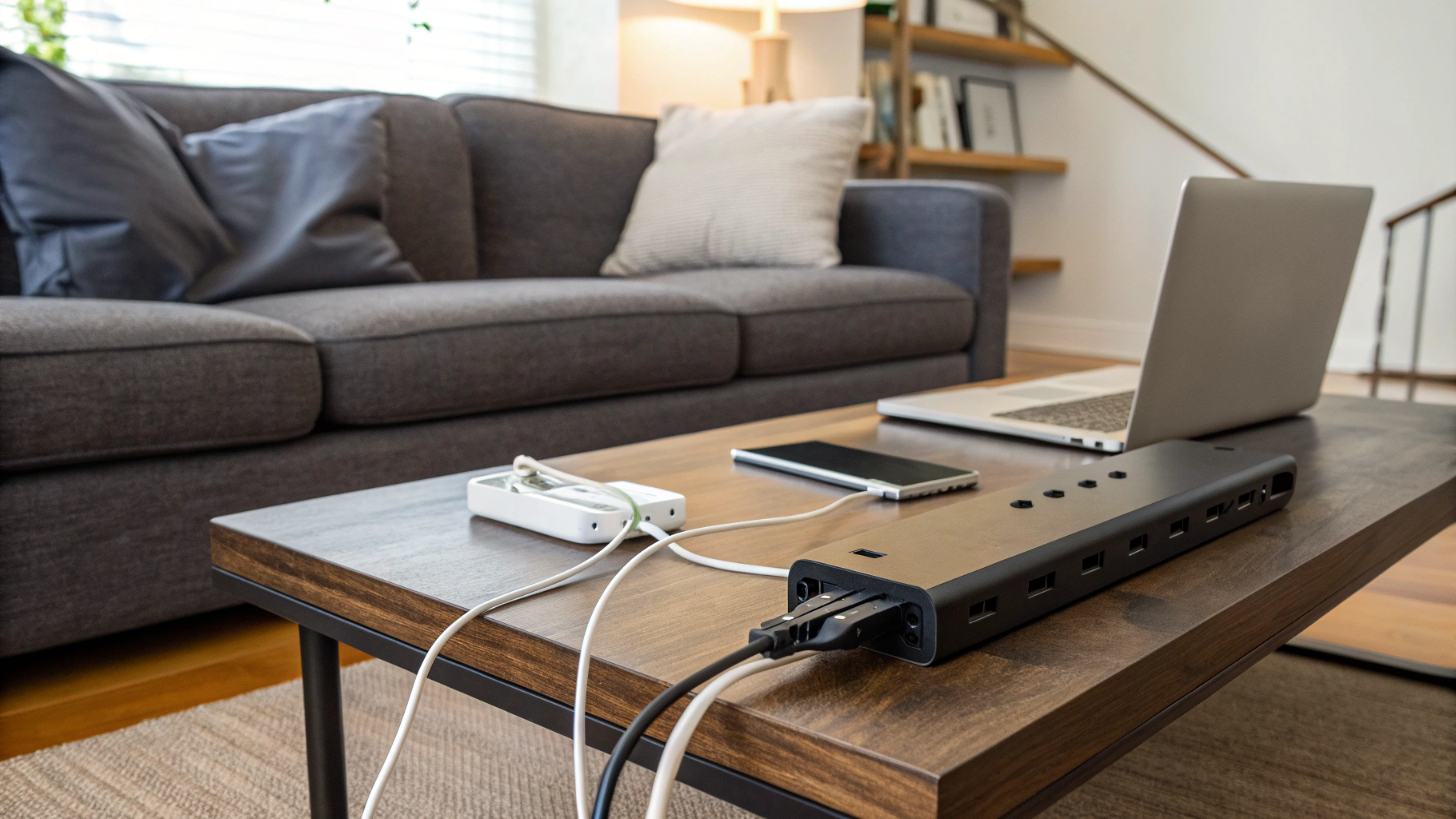 Центр зарядки: хаб, закреплённый под столом, и аккуратная укладка кабелей