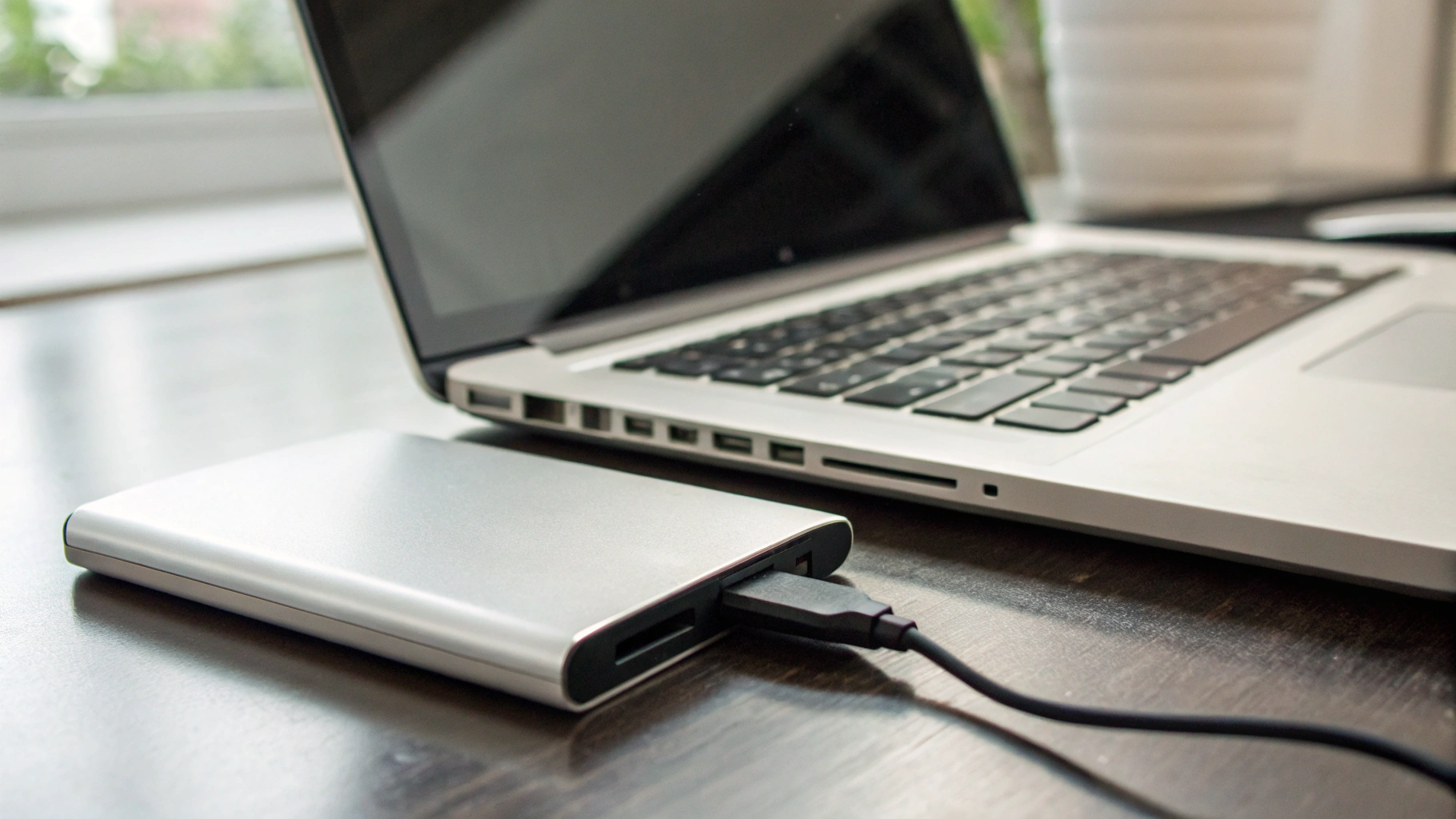 Портативный SSD с USB‑C рядом с Mac на столе