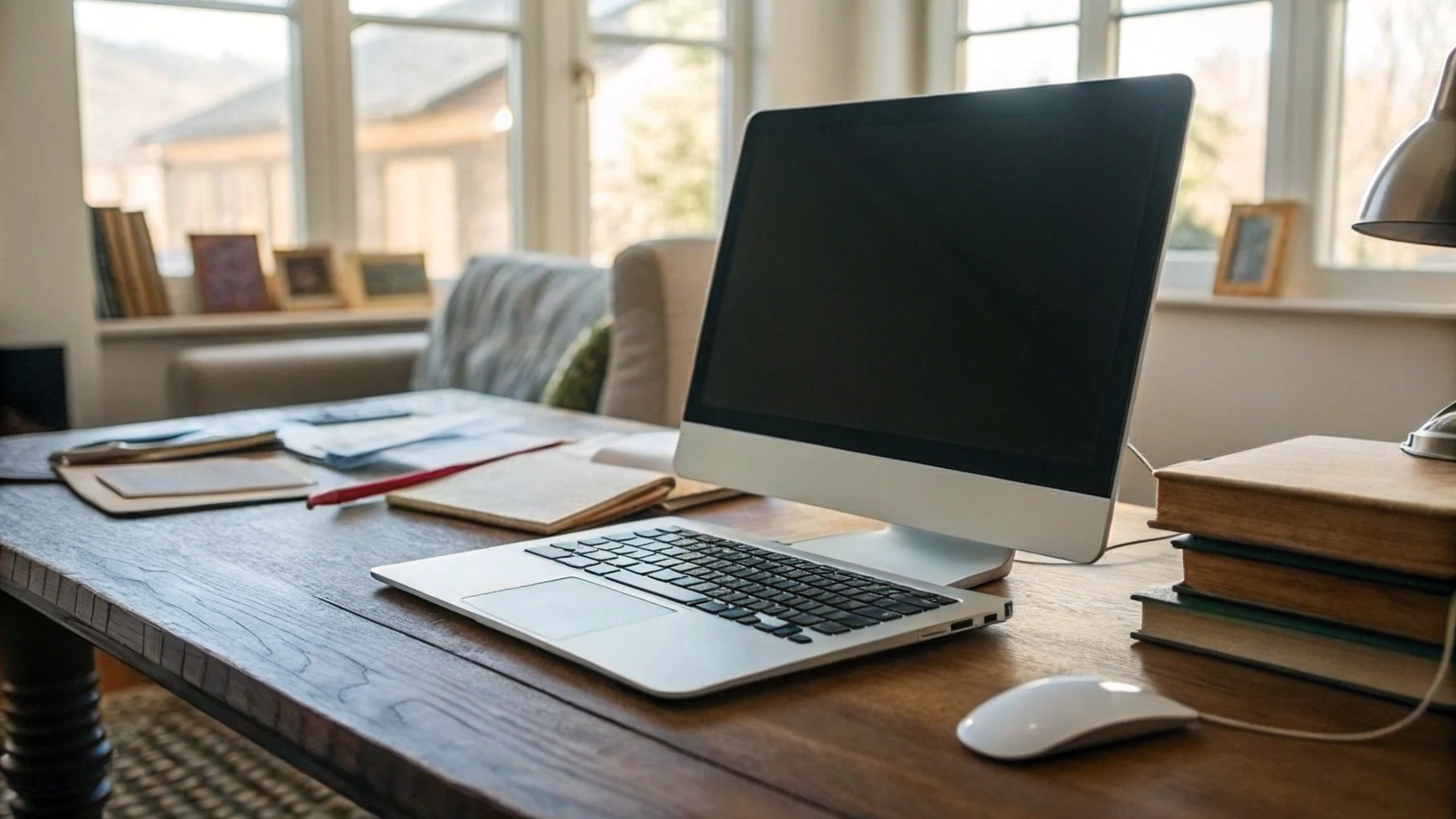 MacBook Air с внешним монитором на домашнем столе