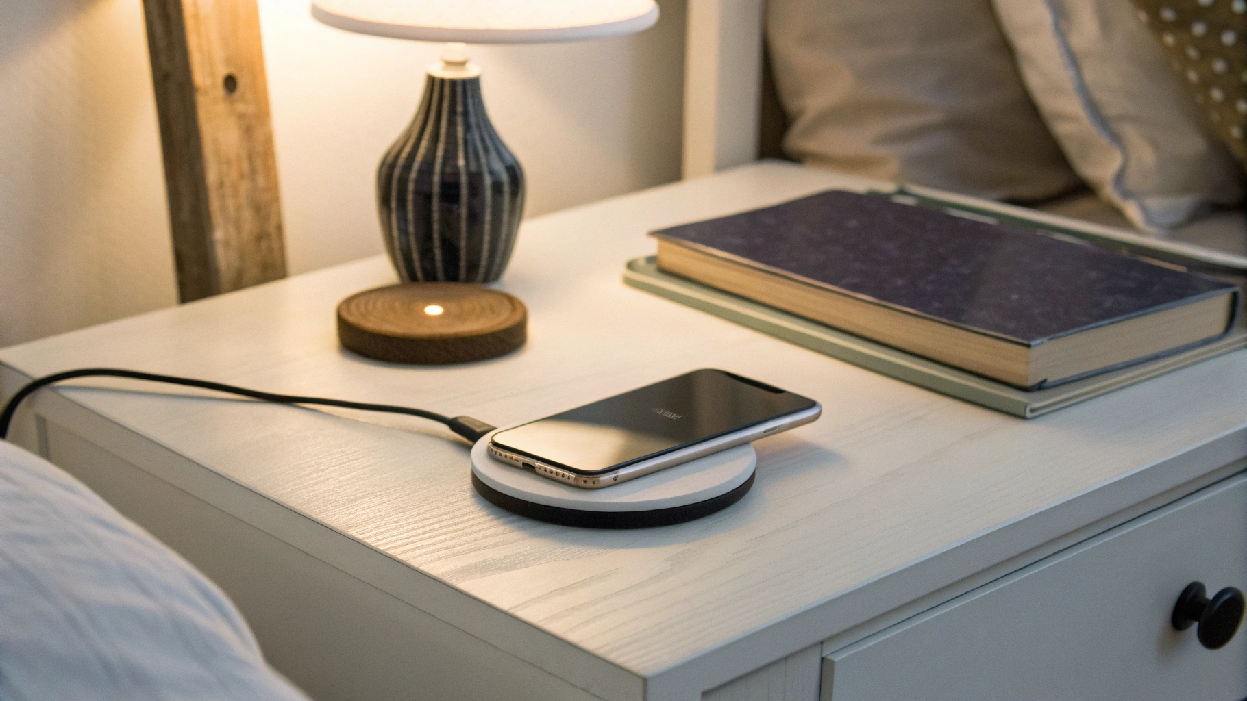 Тонкая Qi2 «таблетка» на прикроватной тумбочке