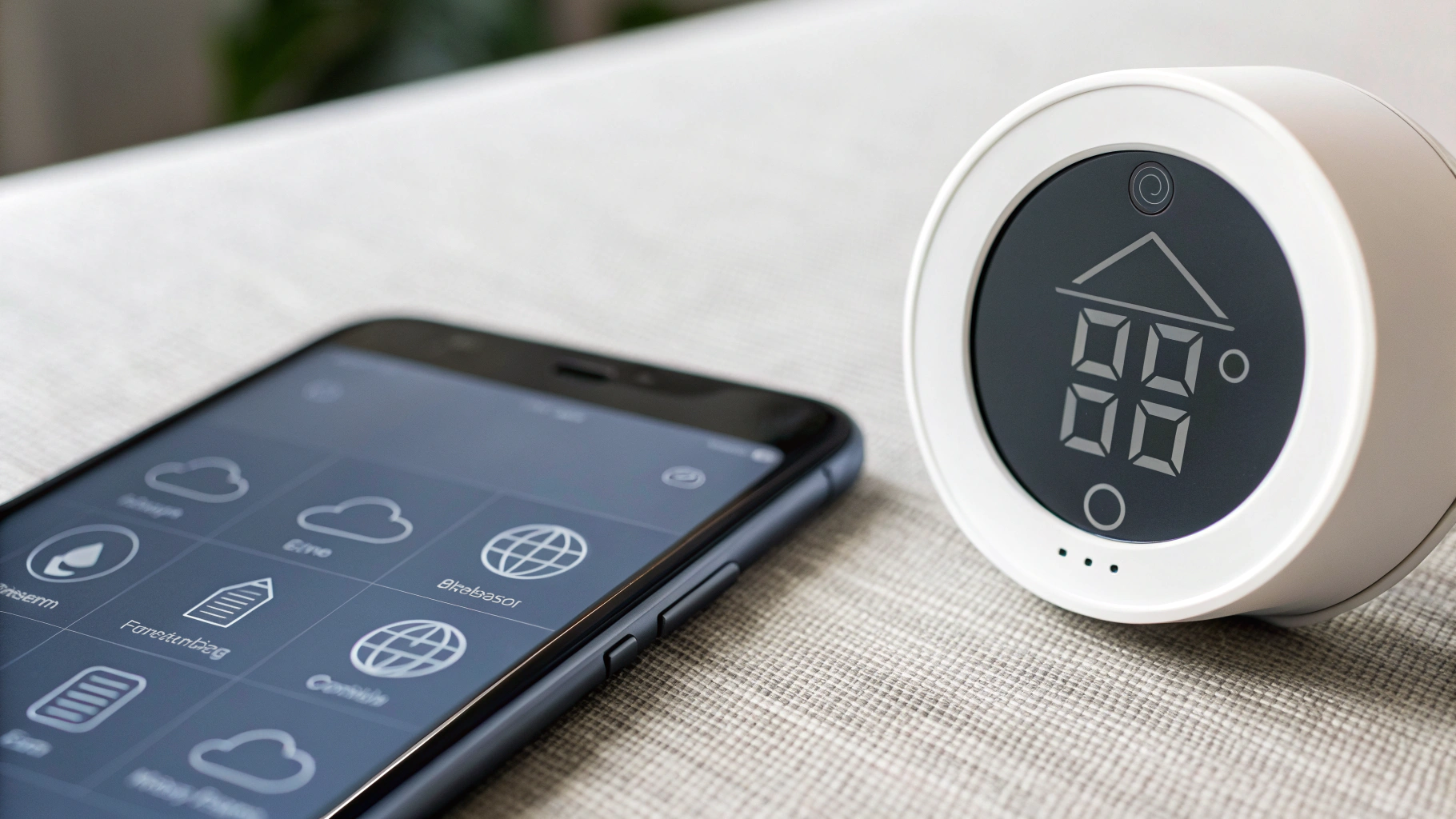 Датчик качества воздуха с показаниями CO₂, температуры и влажности рядом со смартфоном