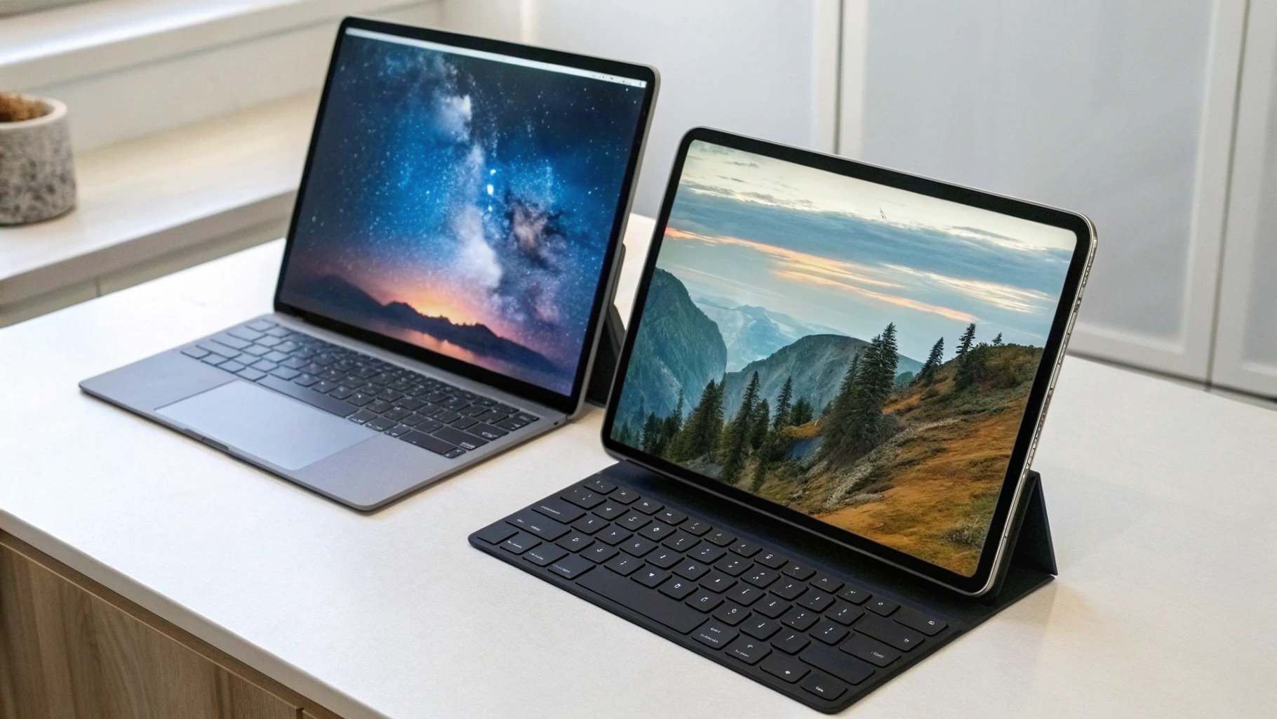 Сравнение IPS-экрана iPad Air и OLED-дисплея iPad Pro на столе