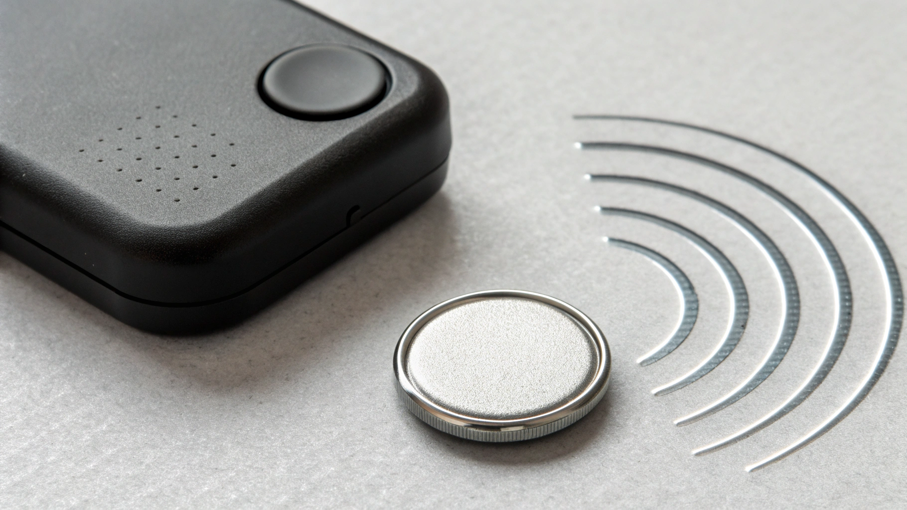 Демонстрация батарейки CR2032 рядом с трекером и условными волнами сигнала