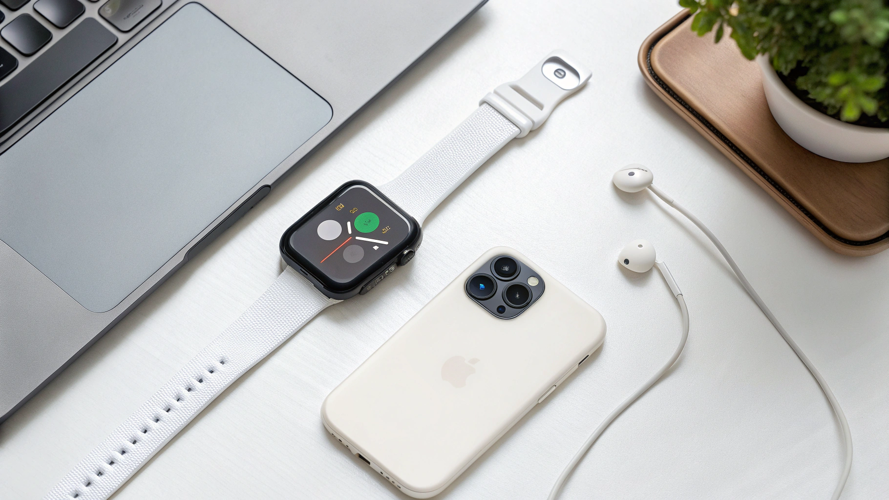 Apple Watch SE 3 с магнитной зарядкой и iPhone на столе