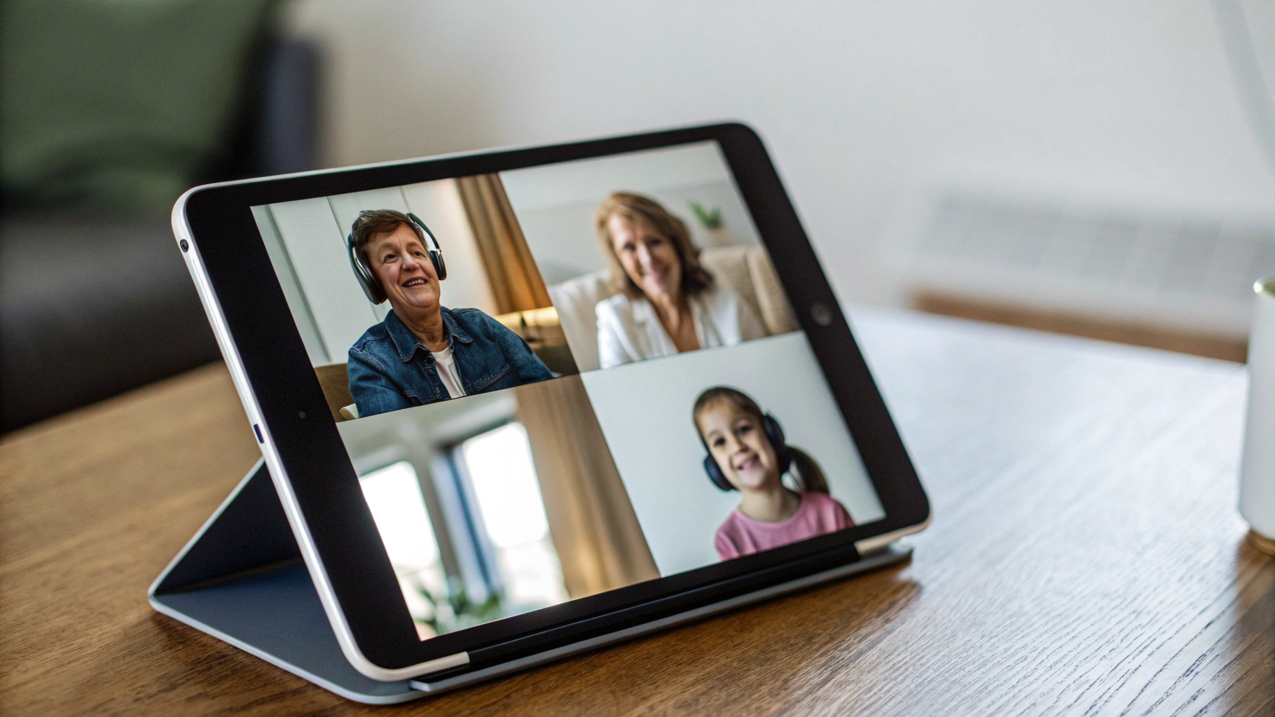 iPad на подставке во время видеозвонка; камера по центру длинной стороны