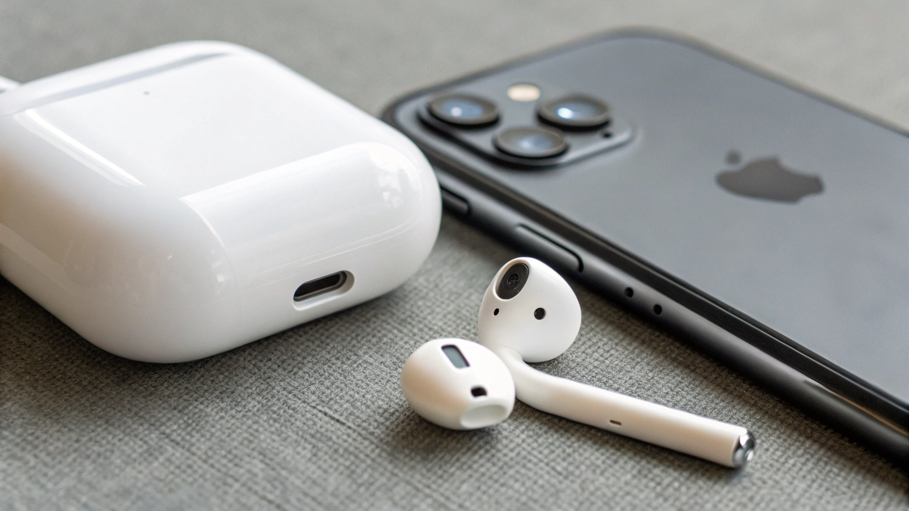 Крупный план микрофонных отверстий на TWS и кейс USB‑C рядом с iPhone