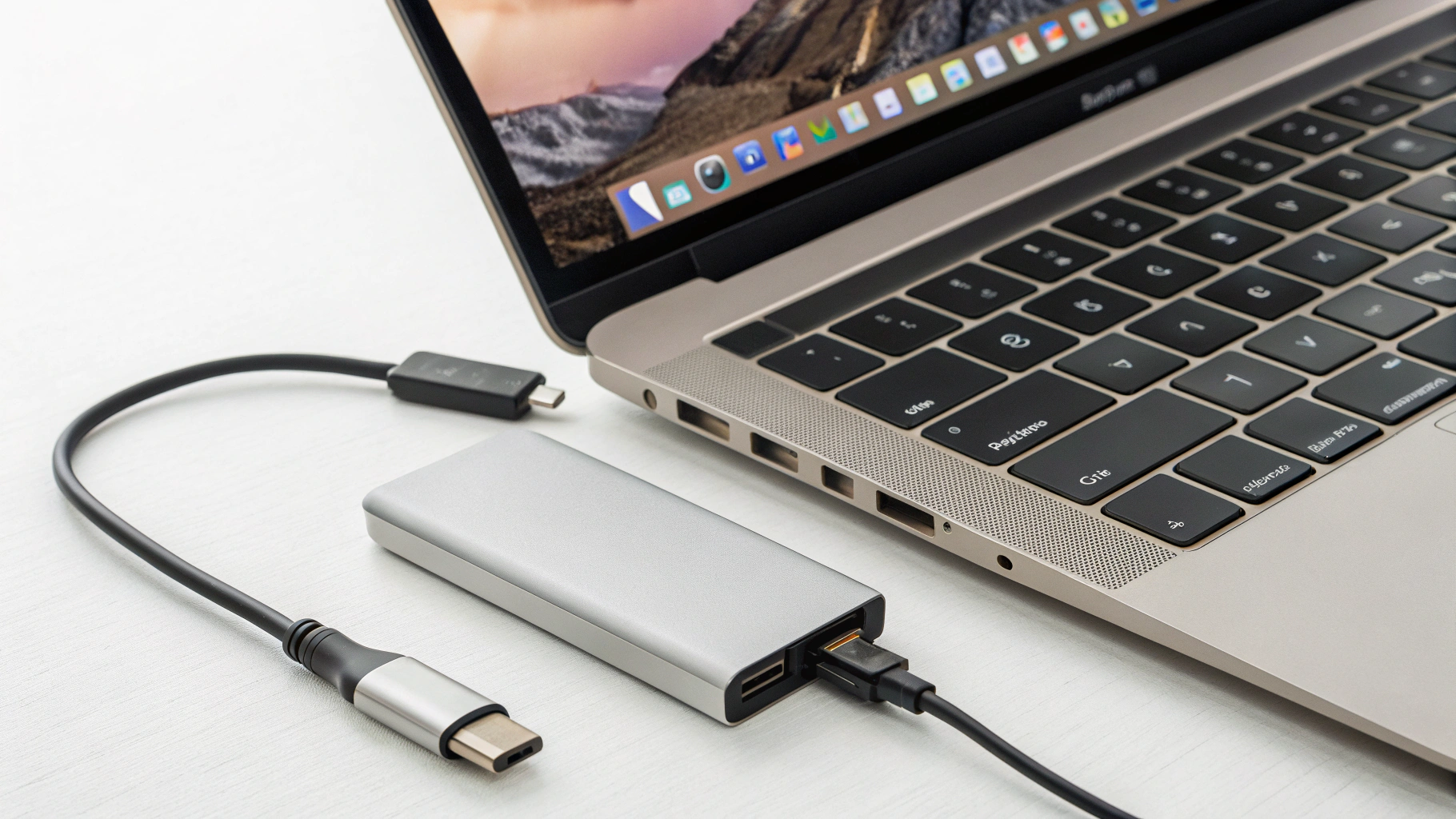 MacBook Pro с SD-картой и внешним SSD во время экспорта в Lightroom