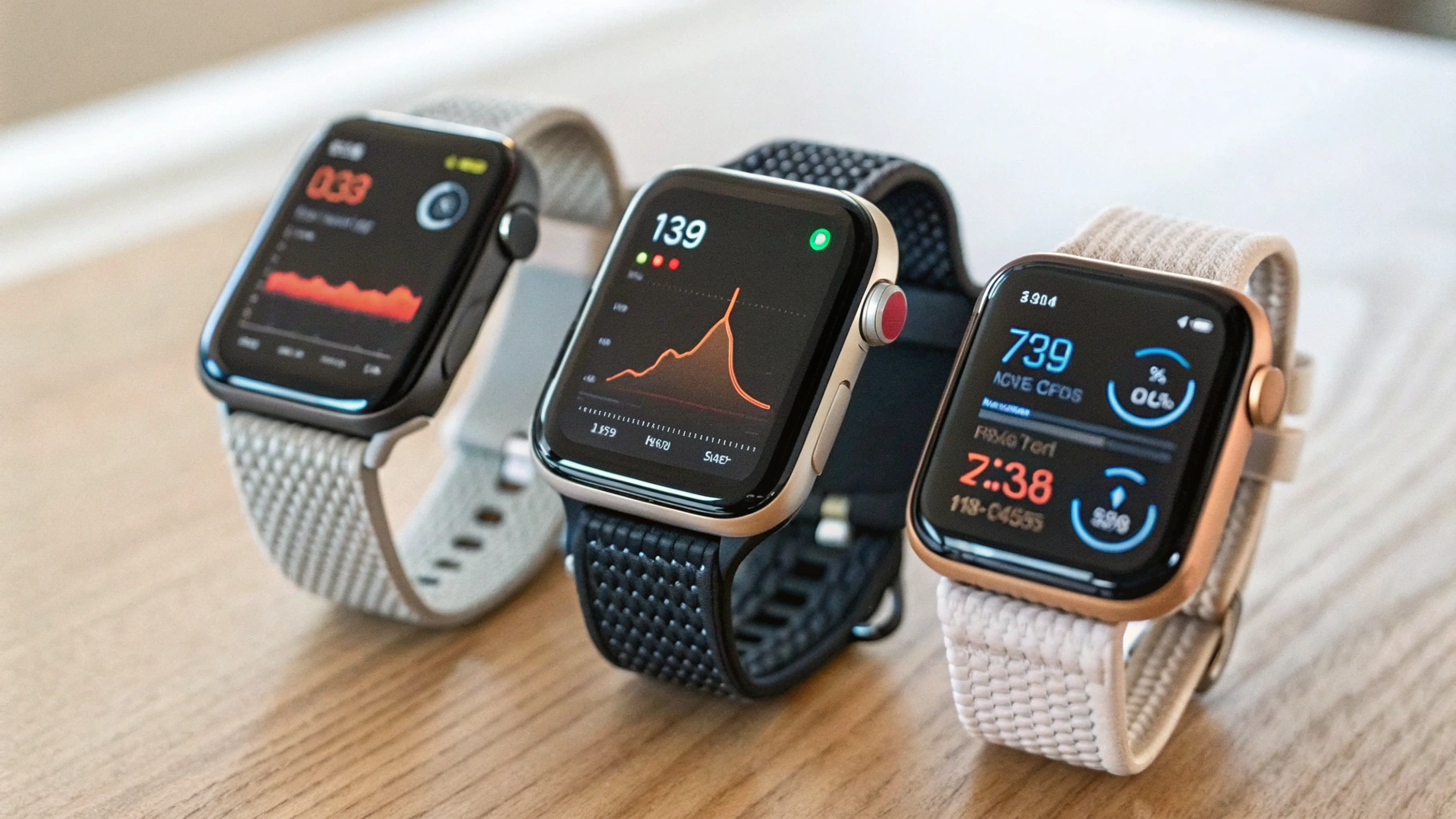 Сравнение Apple Watch SE, Series и Ultra на столе, экраны тренировки