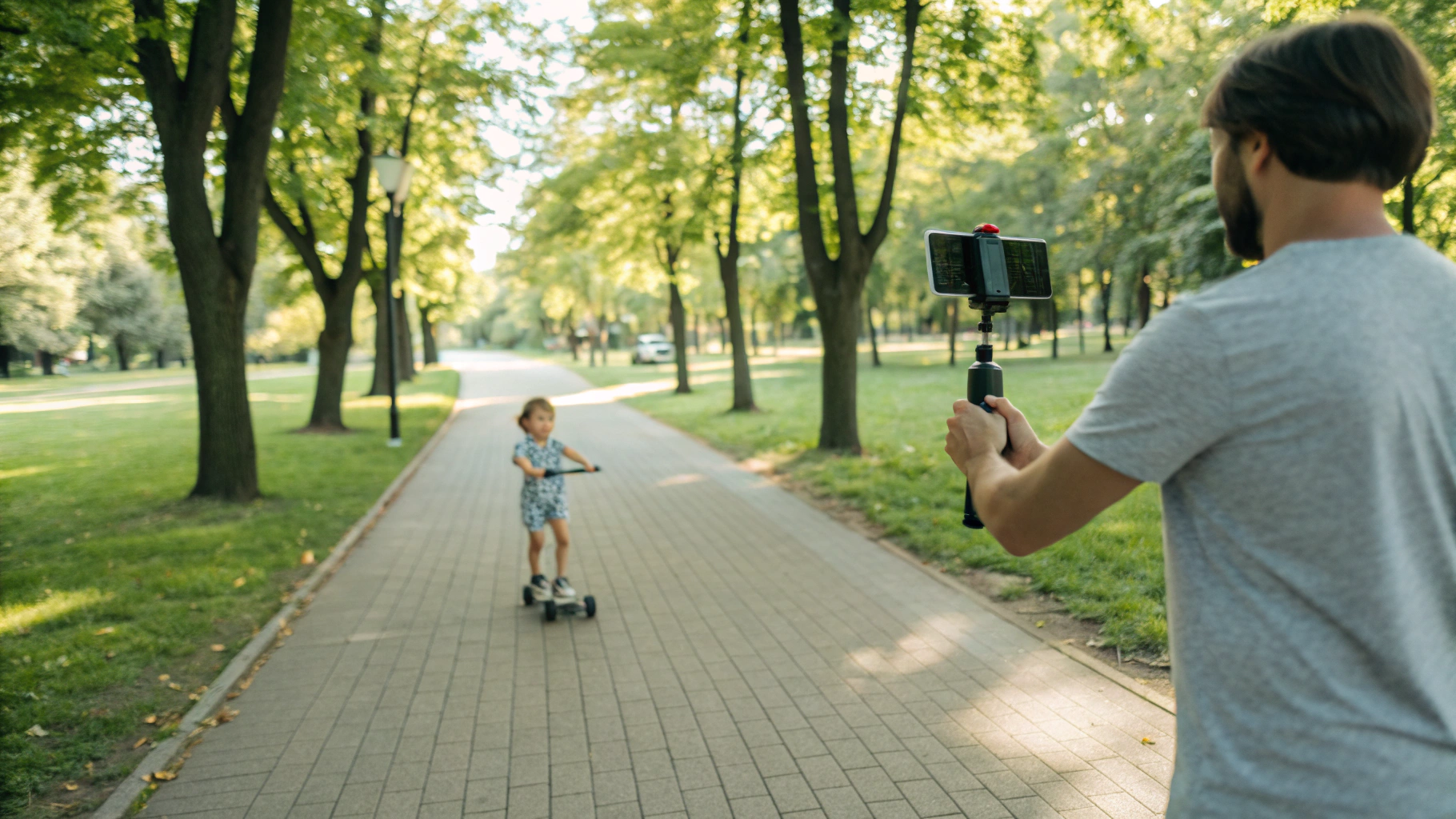 Прогулка в парке: iPhone на стабилизаторе, ребёнок едет на самокате
